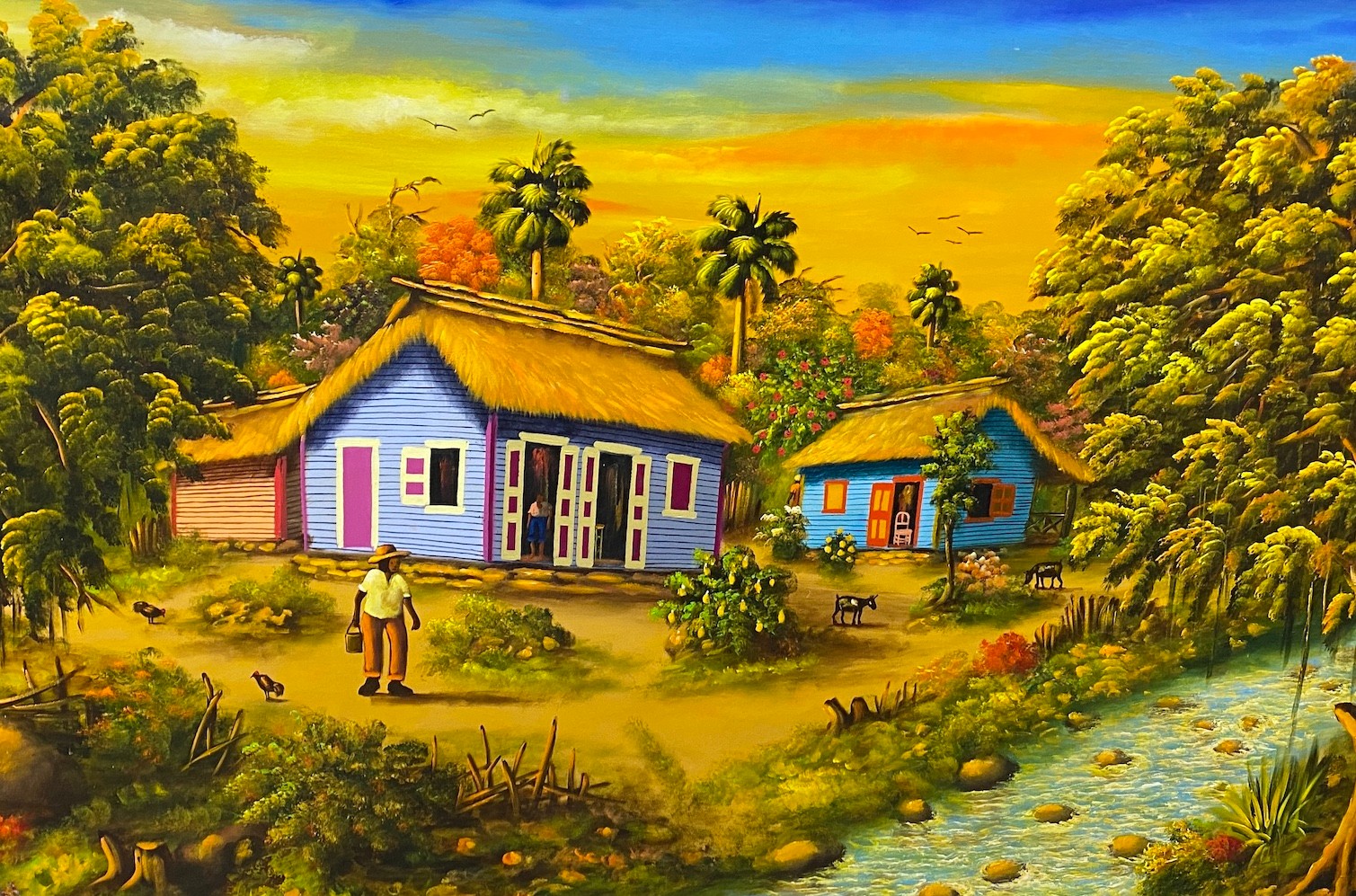 Pollanco (Haitian School), oil on canvas, Riverside houses, signed, 99 x 149cm